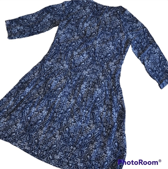 Garnet Hill Dress Sz 4 Blue White Pleated Lagenlook Paisley Floral Drape Pockets - Picture 5 of 9